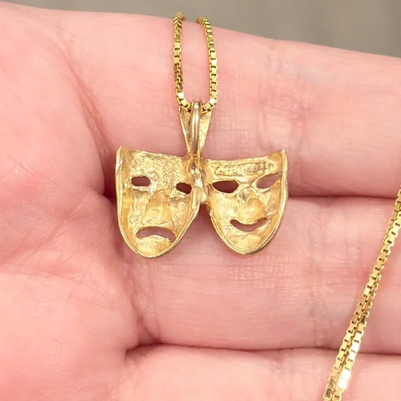 14K Drama Comedy Mask Pendant Yellow Gold Michael Anthony Actor Theater Thespian - Picture 11 of 14
